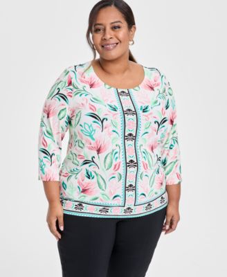 JM Collection - Plus Size Jacquard Floral-Print 3/4-Sleeve Top