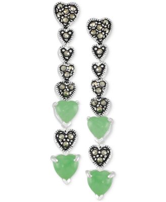 Macy's - Marcasite & Jade Heart Linear Drop Earrings in Sterling Silver