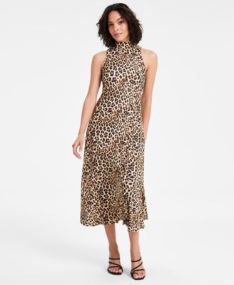 Bar III - Women's Cheetah-Print Mock-Neck A-Line Midi Dress