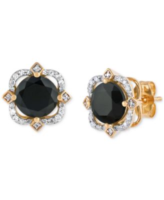 Macy's - Onyx (2-1/3 ct. t.w.) & Diamond (1/6 ct. t.w.) Flower Stud Earrings in 14k Gold Over Sterling Silver