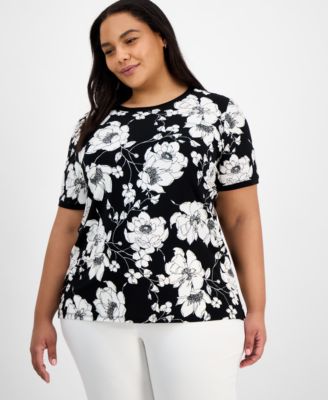 AK Anne Klein - Plus Size Printed Button-Back Short-Sleeve Top