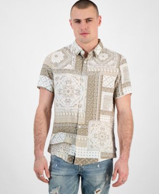 GUESS - Men's Regular-Fit Patchwork Tile-Print Button-Down Shirt