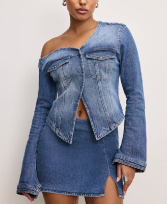 Good American - Women's Asymmetric-Neck Denim Shirt