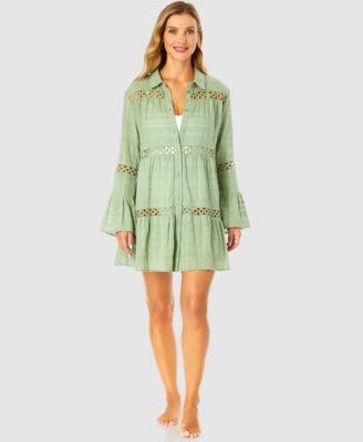 Ibiza Anne Cole - Women's Button Up Bell Sleeve Crochet Trim Cover-Up Tunic