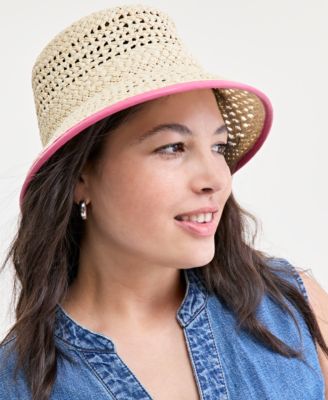 On 34th - Faux-Leather-Trim Straw Bucket Hat