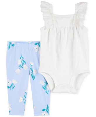 Carter's - Baby Girls Cotton Eyelet-Flutter-Sleeve Bodysuit & Floral-Print Pants, 2 Piece Set