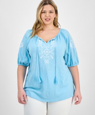 Style & Co - Plus Size Embroidered Knit Peasant Top
