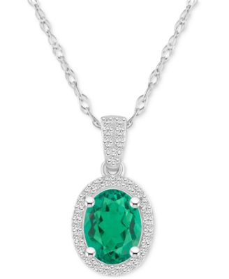 Macy's - Lab-Created Emerald (1 ct. t.w.) & Lab-Created White Sapphire (1/6 ct. t.w.) Halo 18" Pendant Necklace in 10k Gold