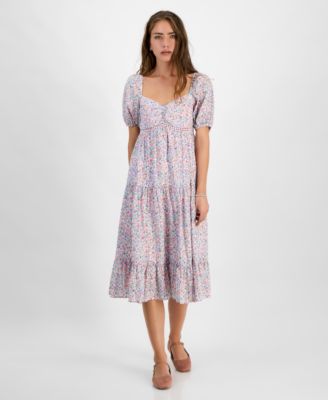 Kingston Grey - Juniors' Floral Lace-Trim Tiered Puff-Sleeve Dress