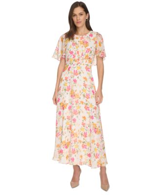 Calvin Klein - Women's Floral-Print Cape-Back Chiffon Dress