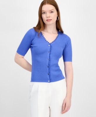T Tahari - Women's V-Neck Button-Front Ribbed-Knit Top