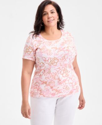 Style & Co - Plus Size Porcelain Floral Scoop-Neck Top