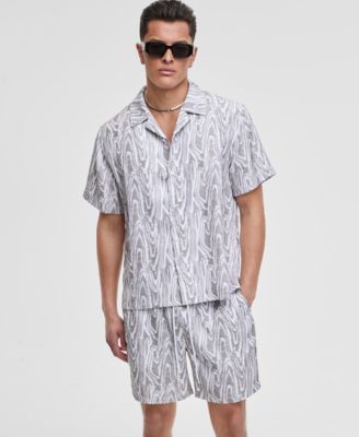Mode of One - Men's Woodgrain Relaxed-Fit Printed Button-Down Shiny Twill Camp Shirt
