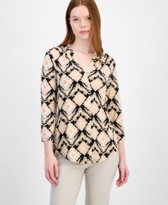 JM Collection - Women's Splash Cheetah Print Split-Neck Top