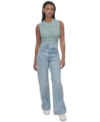 DKNY Jeans - Women's Cotton Pointelle-Knit Sleeveless Sweater & High-Rise Tab-Waist Wide-Leg Jeans