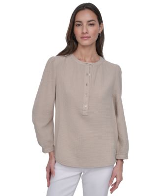 DKNY Jeans - Women's Cotton Bracelet-Sleeve Henley Top
