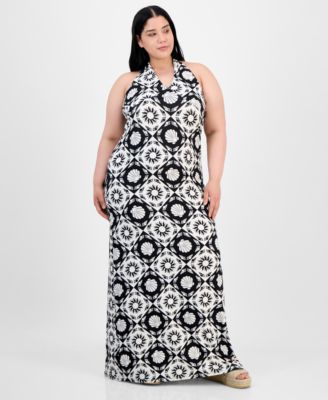Derek Heart - Trendy Plus Size Mixed-Print Halter Maxi Dress