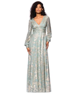 Betsy & Adam - Petite V-Neck Long-Sleeve A-Line Gown
