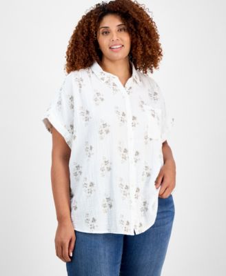 Style & Co - Plus Size Printed Button-Down Cotton Camp Shirt