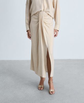MANGO - Women's Linen-Blend Draped Midi-Skirt