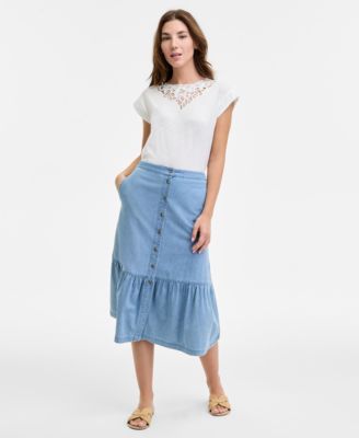 Jones New York - Women's Tiered Button-Up Cotton Chambray Skirt