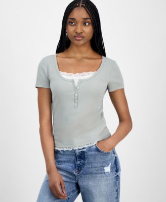 Hippie Rose - Juniors' Lace-Trim Layered Henley T-Shirt
