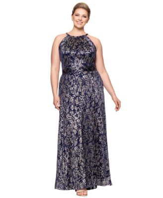 Betsy & Adam - Plus Size Metallic Floral Print Sleeveless Gown