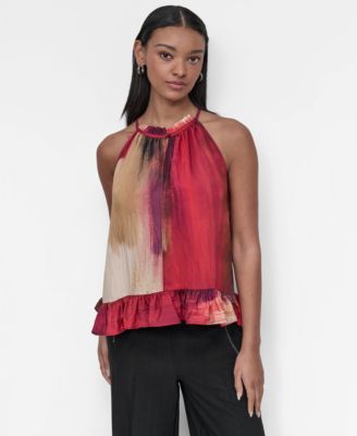 DKNY - Women's Printed High-Neck Sleeveless Peplum Top