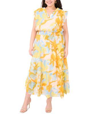MSK - Plus Size Printed Flutter-Sleeve Tiered Maxi Dress