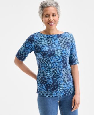 Style & Co - Women's Indigo Patchwork Elbow-Sleeve T-Shirt