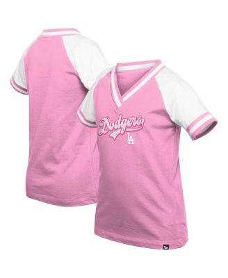 New Era - Big Girls Pink Los Angeles Dodgers Mommy Me Raglan V-Neck T-Shirt