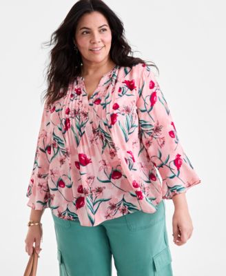 Style & Co - Plus Size Moody Blooms V-Neck Ruffle-Cuff Blouse