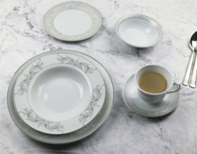 Lorren Home Trends - 57 Piece Silver Border Porcelain Dinnerware Set-Service for 8-Olympia-Mix and Match