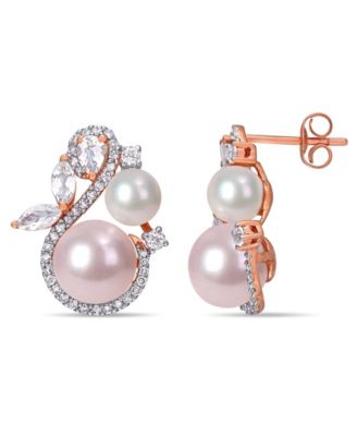 Macy's - Freshwater Cultured Pearl (5.5-8.5mm), White Topaz (1 1/8 ct. t.w) and Diamond (1/3 ct. t.w.) Swan Earrings in 10k Rose Gold