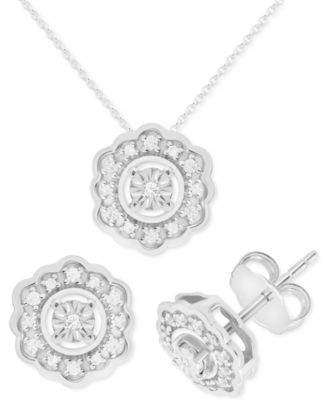 Macy's - 2-Pc. Set Diamond Flower Pendant Necklace & Matching Stud Earrings (1/6 ct. t.w.) in Sterling Silver