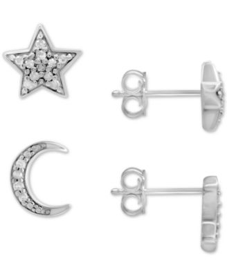 Macy's - Diamond Moon & Star Stud Earrings (1/10 ct. t.w.) in Sterling Silver