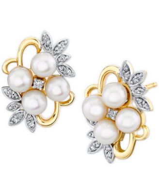 Macy's - Cultured Freshwater Pearl (4mm) & Diamond (1/6 ct. t.w.) Flower Cluster Stud Earrings in 10k Gold