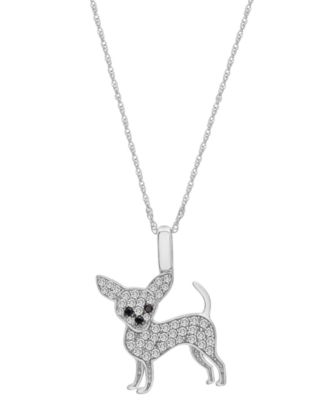 Wrapped - White Diamond (1/5 ct. t.w.) & Black Diamond Accent Chihuahua Pendant Necklace in 10k White Gold, 16" + 2" extender