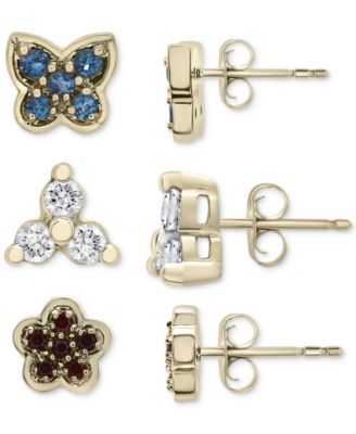 Macy's - 3-Pc. Set London Blue Topaz (1/3 ct. t.w.), Lab-grown White Sapphire (1/3 ct. t.w.) & Garnet (1/4 ct. t.w.) Stud Earrings in 14k Gold-Plated Sterling Silver