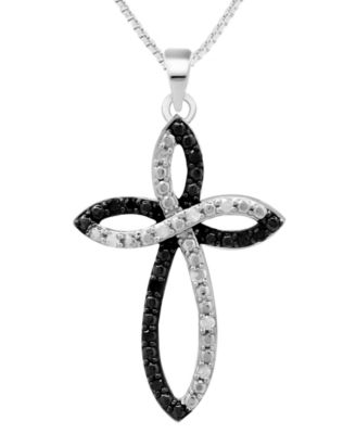 Macy's - Black & White Diamond Cross 18" Pendant Necklace (1/6 ct. t.w.) in Sterling Silver