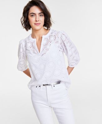 On 34th - Women's Solid Eyelet Puff-Sleeve Blouse