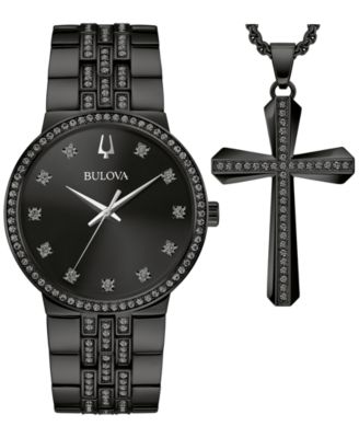 Bulova - Men's Classic Crystal Black-Tone Stainless Steel Bracelet Watch 40mm Gift Set