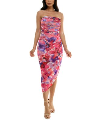 Emerald Sundae - Juniors' Strapless Ruched Mesh Bodycon Midi Dress