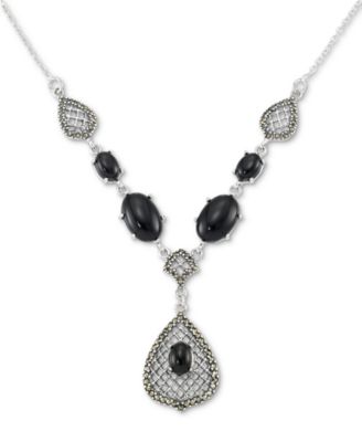 Macy's - Onyx & Marcasite (1/2 ct. t.w.) Teardrop Pendant Necklace in Sterling Silver, 18" + 2" extender