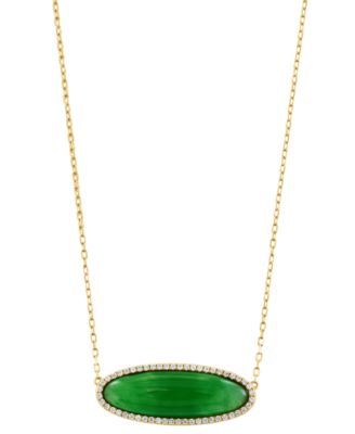EFFY Collection - Dyed Jade & Diamond (1/5 ct. t.w.) Oval Pendant Necklace in 14k Gold, 16" + 2" extender