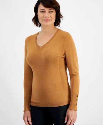 JM Collection - Button-Cuff V-Neck Sweater