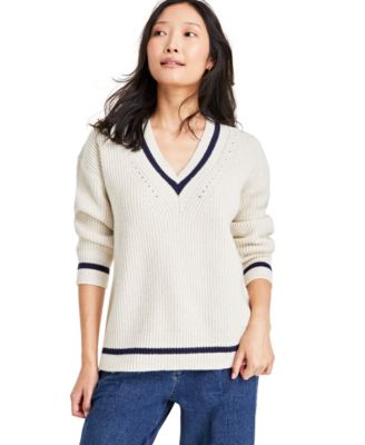 On 34th - Women's Varsity-Stripe Ribbed V-Neck Sweater