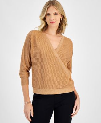 JM Collection - Women's Faux-Wrap Long-Sleeve Sparkle Sweater