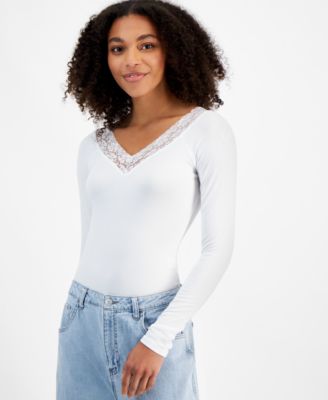 Self Esteem - Women's Lace-Trim Ribbed Long-Sleeve Bodysuit