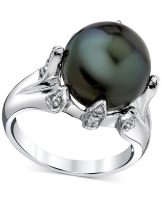Macy's - Cultured Tahitian Pearl (12mm) & Diamond (1/4 ct. t.w.) Statement Ring in 14k White Gold